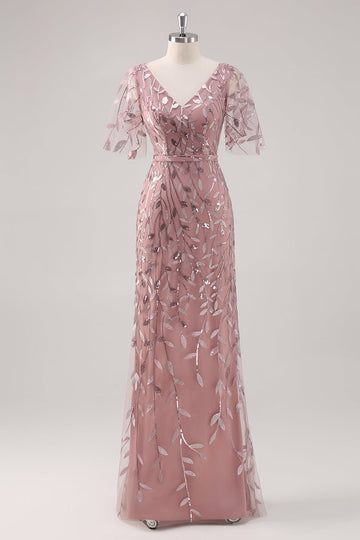 Dusty Rose V-hals slire Paljetter Brudens mor kjole med korte ermer